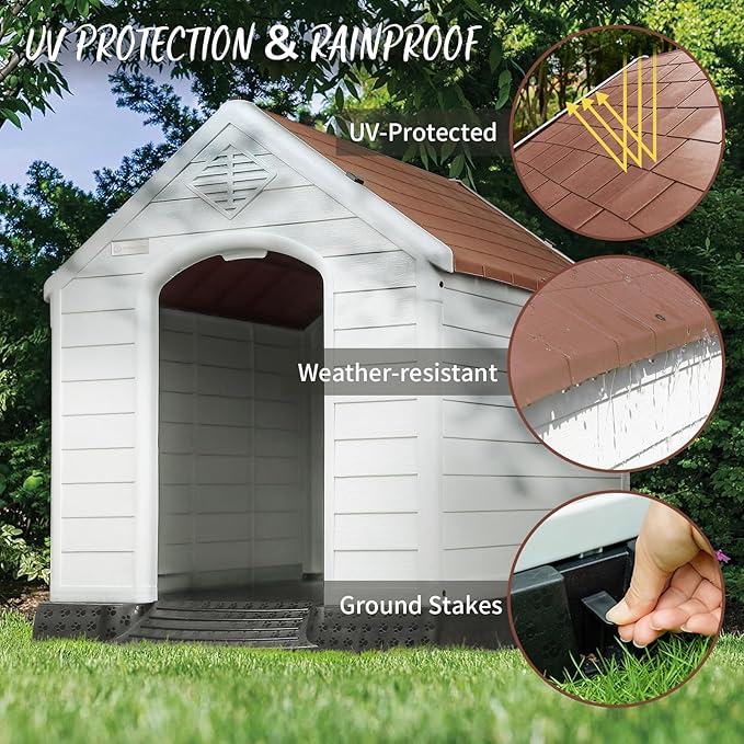 PUKAMI Plastic Dog House Outdoor Indoor for Small to Large Sized Dogs,Durable Waterproof Puppy Shelter with Elevated Floor and Air Vents,Ventilate & Easy Clean and Assemble (Brown, 42inch)