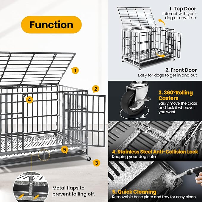Oranland 48 inch Heavy Duty Indestructible Dog Crate,2025 New Upgraded Reinforced Baseplate for Large Dogs,XL Dog Crate for High Anxiety Dogs/Max Load Capacity 250lbs/Double Door with Wheels(Silver)