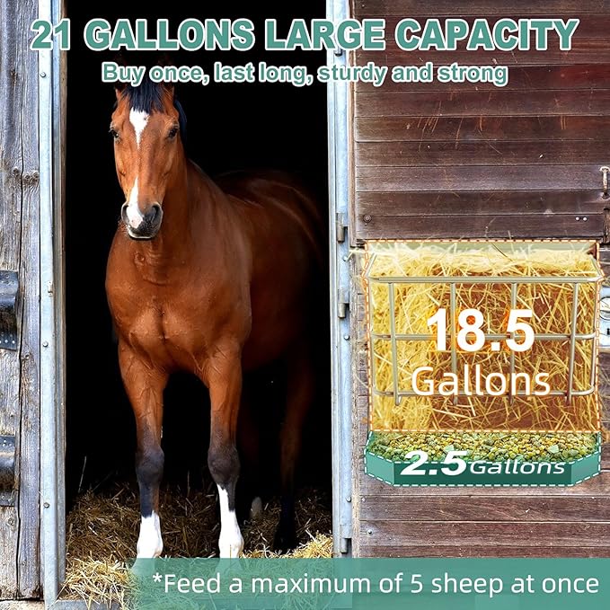 Goat Hay Feeder, 21 Gallon Large Capacity Hay Rack, 2 in 1 Hay and Grain Feeder, Wall Mounted Livestock Feeder with Feed Tray Wall Hay Rack for Sheep, Horses, Goats, Metal Hay Holder in Farm