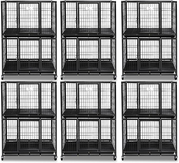 Homey Pet Six Packs 31 Inch Stackable Heavy Duty Dog Crate Cage Kennel with Four Lockable Wheels, Removable Tray, Escape Proof Wire Drop Dog Crates for Small Dogs (Two Tiers)