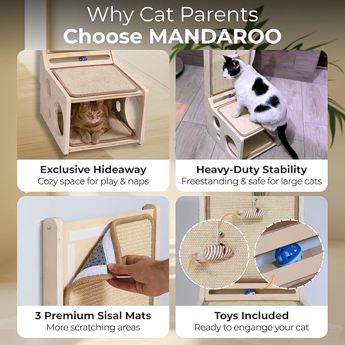 Cat Scratching Post with Toy – L-Shaped Sisal Scratcher Pad & Cozy Corner Hideaway for Indoor Cats | Vertical & Horizontal Scratching Ramp for Large Cats – MANDAROO