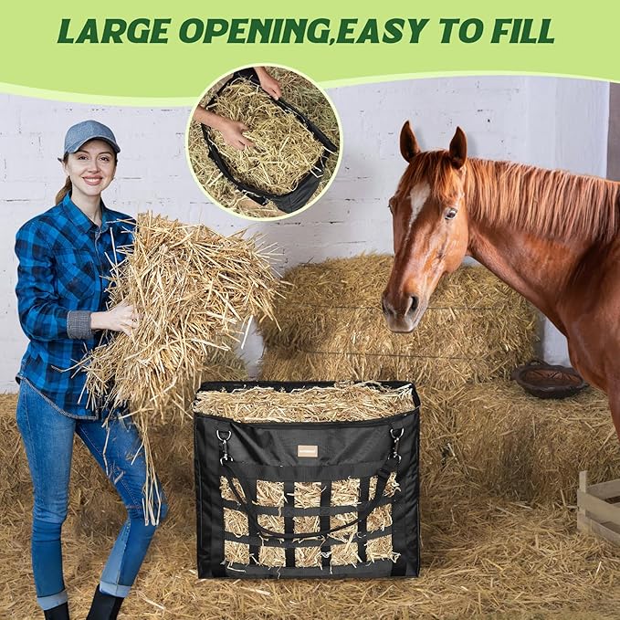 New Version Hay Bags for Horses,Slow Hay Feeder Bags for Goats,Sheep,Super Tough Oxford with Front Hay Nets Design, Double Reinforced Webbing Upgraded Metal Clips for Durable (Leaf)