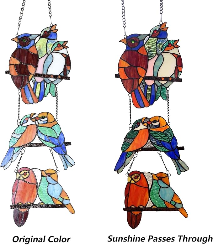 Bieye W10060 Tropical Birds Tiffany Style Stained Glass Window Panel with 3 Pieces Hanging Successively Within Chains, 10" W x 39" H