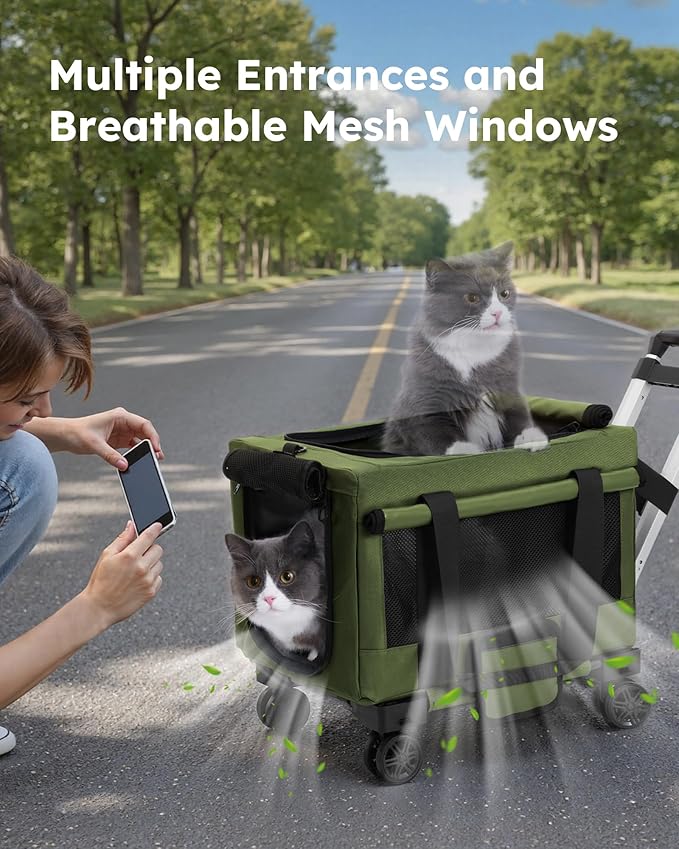 Pecute Cat Carrier with Wheels,Steel Wire Frame Cat Carrier, Stable Pet Trolley for Cats, Pet Handbag and Stroller Bag, Portable Cat Bag for Travel Bus Subway, Green