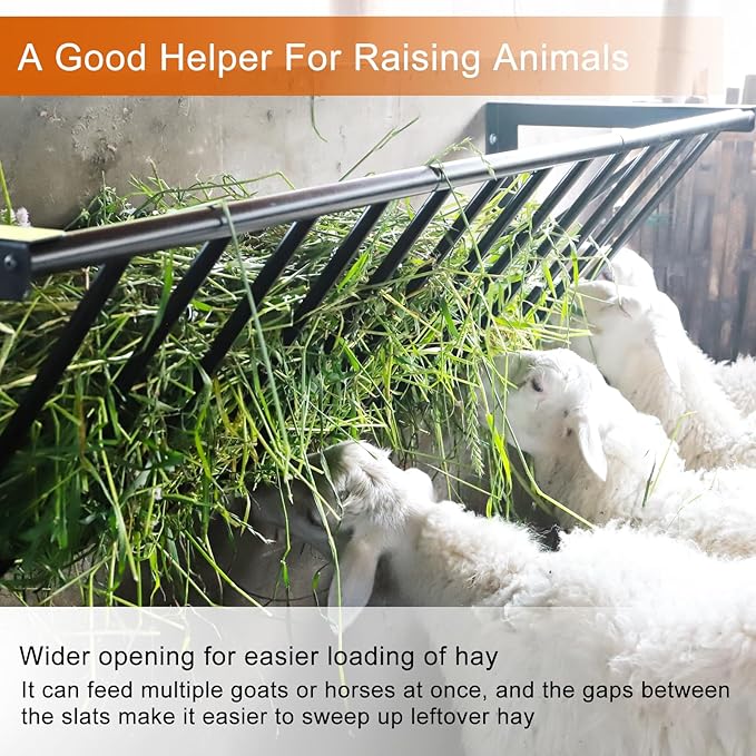 Goats Hay Feeder, 67 Gallon Large Capacity, Heavy Duty Iron Wall Hay Rack, Blanket Holder, 63'' Long for Goats,Horses,Cattle and Other Livestock, Farm Indoor and Outdoor Use, black