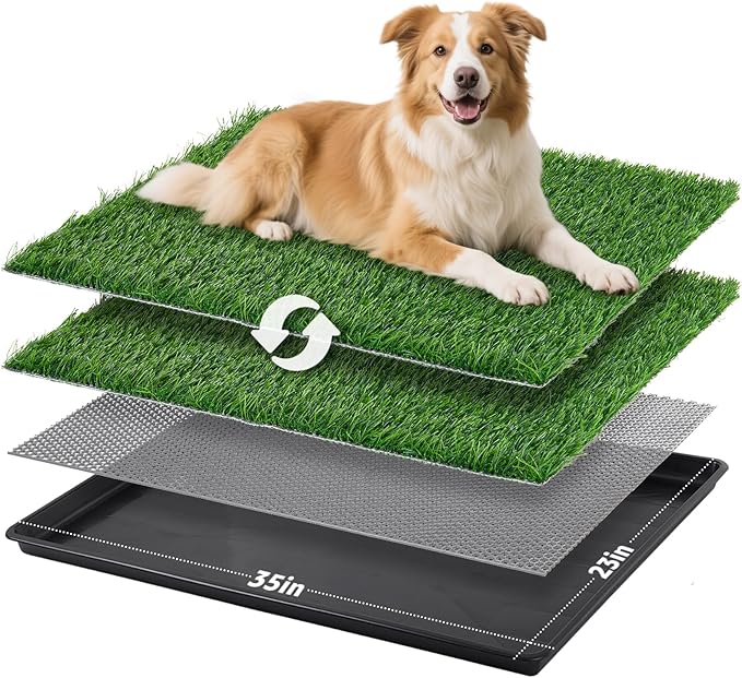 LOOBANI 35x23in Large Dog Litter Box: Dog Grass Pad with Tray with 2×Artificial Grass Pads + 1×Drainage Grate - Quickly Absorbent Portable Patio Potty for Balcony Apartment Indoor Outdoor Use