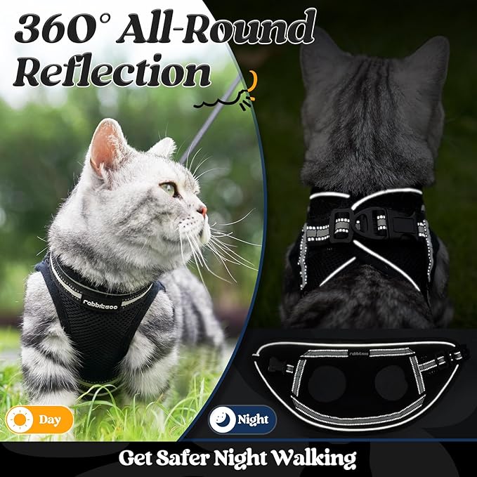 rabbitgoo Cat Harness and Leash Set for Walking Escape Proof, Adjustable Soft Kittens Vest with Reflective Strip for Cats, Comfortable Outdoor Vest, Black, L