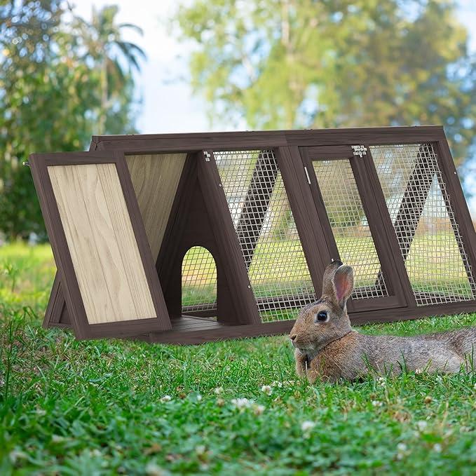Rabbit Hutch, Small Chicken Coop Outdoor A-Frame Quail Cage with 2 Door & Run Cage Wooden Triangle Quail Hutch with Ventilating Wire Poultry Hutch for Small Animal (Brown)