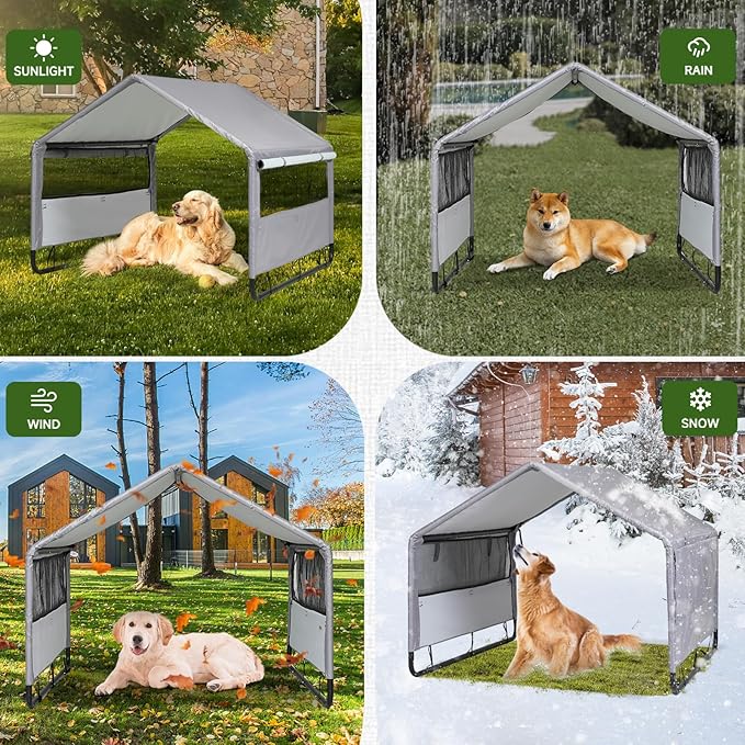 4'x 4'x 3.3' Extra Large Dog House Outside, Pet Tent Outdoor Dog Shade Shelter for Large Medium Dogs, Outside Sun Rain Canopy Pet House for Cats Pigs Livestock w/Artificial Leaves