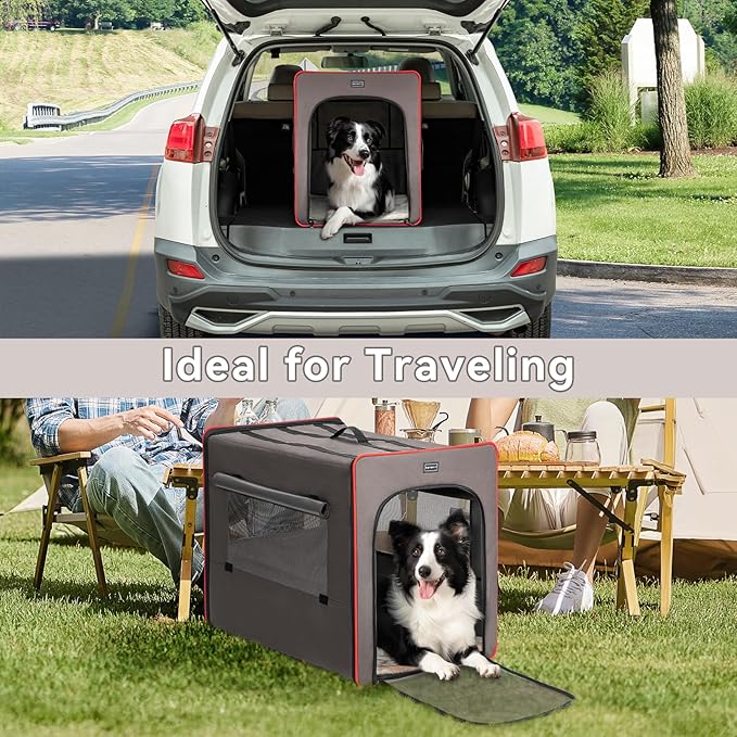 PETSFIT Collapsible Dog Crate, Portable Dog Crate - 31 Inch with Thicken Mat, Easy to Fold, Sturdy and Portable, Perfect for Traveling, Dog Travel Kennel Army Green