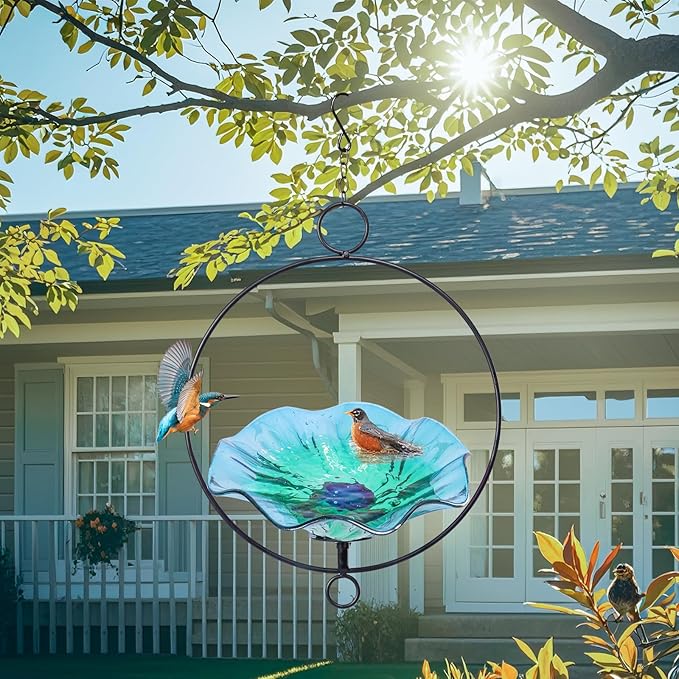 MUMTOP Hanging Bird Bath-Bird Baths for Outdoors - Flower Glass Bird Water Bowl with Hanging Circle, Bird Feeders for Outside, Garden, Lawn Yard Decor(Cyan)