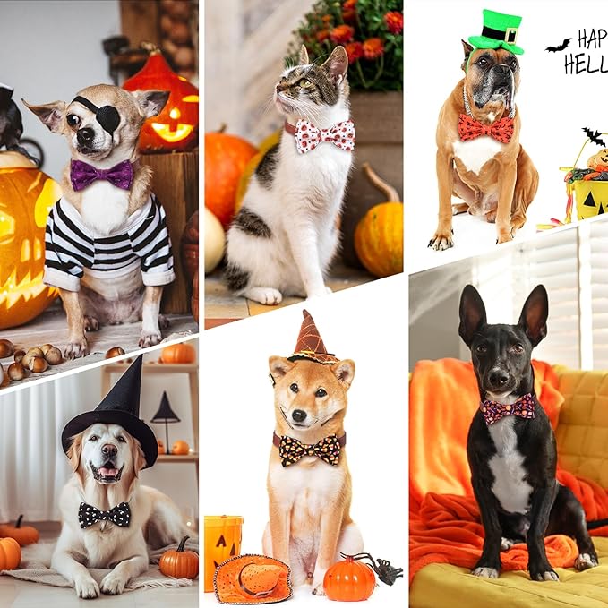 Hillban 50 Pieces Halloween Collar Dog Bow Ties Accessories for Dogs Bow Ties Attachment with Elastic Bands Dog Collar Detachable Charms for Halloween Dogs Collar Accessories