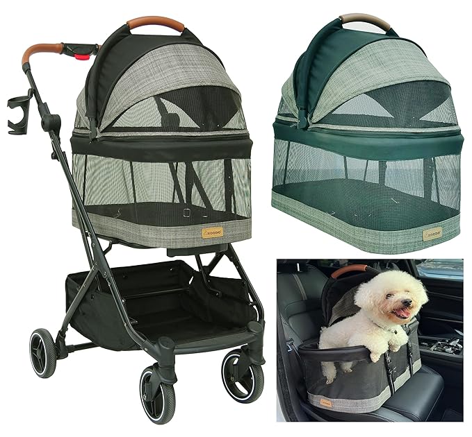 ROODO Fashion 3-in-1 Dog Cat Stroller with Detachable Carrier&Car Seat Combo Best Lightweight Folding Portable All-Terrain Travel Pet Gear Puppy Doggie Kitty Stroller for up to 30 lbs(Grey Lattice)