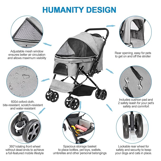 Dog Stroller for Large Medium Dogs & Cats with Reversible Handle, Foldable Pet Stroller Travel Carriage with Large Storage Basket, Gray