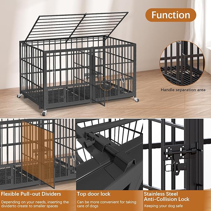 48 inch Dog Crate Cage Kennel with Divider for 2 Dogs, Indestructible Dog Crate, Sturdy Design,Double Door and Removable Tray Medium/Large Dog Cage