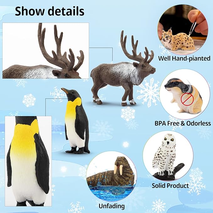 Toymany 14PCS Mini Arctic Animals Figurines Set, Polar Animals Toys with Polar Bear, Caribou, Penguin, Walrus, Wolf Figurines Cake Toppers Birthday Easter Gifts for Preschool Kids