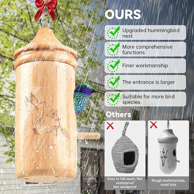 Hummingbird House, Solid Wood Hummingbird Houses for Outside-Exquisitely Handcrafted Birdhouse with Ribbon and String Hanging Kit, Durable Garden Decor, Perfect Gardening Gift(Style-G, 1 Pack)