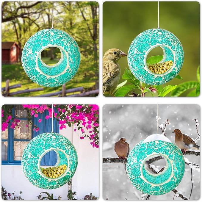 Bird Feeder Mosaic Fly Through Bird Feeder for Outside Hanging with Round Shape Glass Feeders to Attract Wild Birds for Garden, Deck, Yard, Backyard and Porch Decor, 6.8-Inch