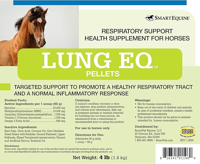 SmartEquine Lung EQ Pellets for Respiratory Support | Horse Health | Spirulina for Horses with Antioxidants, Herbs, Minerals | Equine Pellet for Respiratory and Immune Support | 4 LB