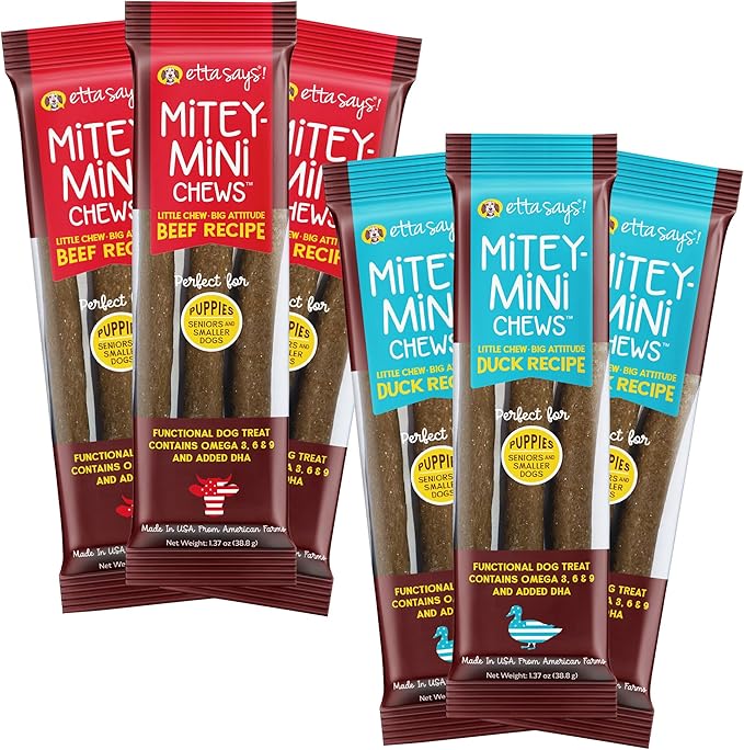 etta says! Mitey Mini Chews Dog Treats - Made in The USA - Grain-Free and Odor-Free - All-Natural Dog Chews - Perfect for Puppies and Senior Dogs - with Omega 3, 6, and 9 - Variety - 6 Pack