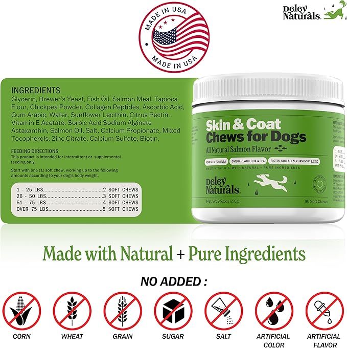 Deley Naturals Dog Allergy Chews - Omega 3 Fish Oil for Dogs with DHA & EPA, Biotin, Collagen, Vitamins C & Zinc for Shiny Coat - Itching Relief Salmon Flavor - Dry Skin Relief for Dogs Made in USA