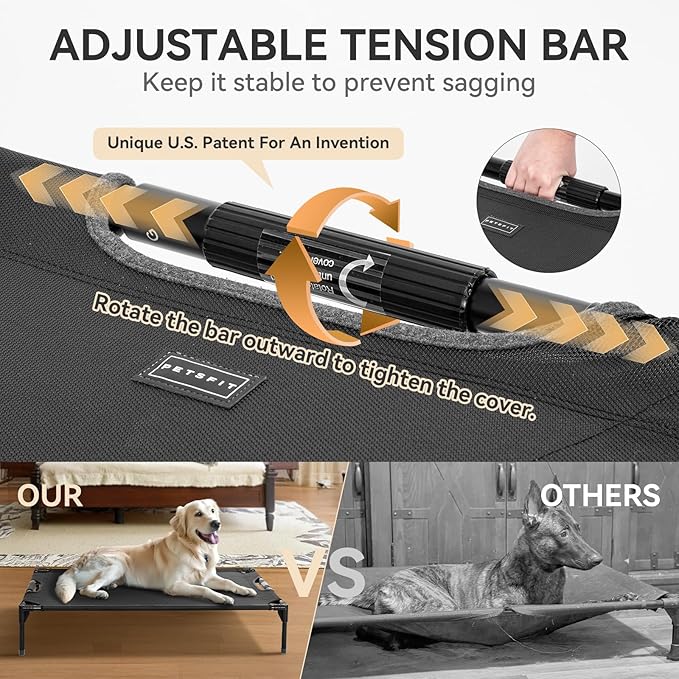 Petsfit Elevated Raised Outdoor Dog Bed - Cooling Elevated Dog Cot, Upgraded Adjustable Firmness Pet Bed,Pet Hammock Bed with Chew Proof Breathable Teslin Mesh,Non Slip, Black 42”