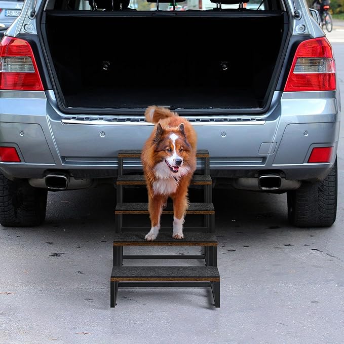 Pet Stairs for High Bed & Couch - 5 Steps Non-Slip Dog Stairs for Small Dogs & Older/Injured Pets, Brown