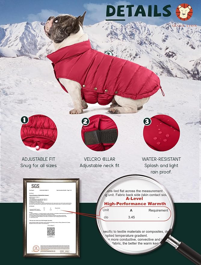 SPACE LION Puffer Jacket, Down Winter Coat, Durable Outdoor Coat for Cold and Windy Conditions, Waterproof, Windproof, Lightweight Jacket, Adjustable Fit for Small, Medium Dog(Red,M)