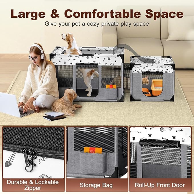 Portable Cat Playpen, Pet Dog Playpen, Kitten Puppy Play Pen for Indoor/Outdoor, Collapsible Cats Cages Enclosed Tent with Carrying Case, PVC Pipe Frame, 600D Oxford, 39" x 24" x 22"