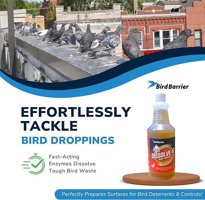 Bird Barrier Dissolve-It Enzyme Cleaner - Bird Dropping - Dissolves Waste – Treat Affected Areas Before Installing Bird Control Products - 5 Gallons Makes 10 Gallons