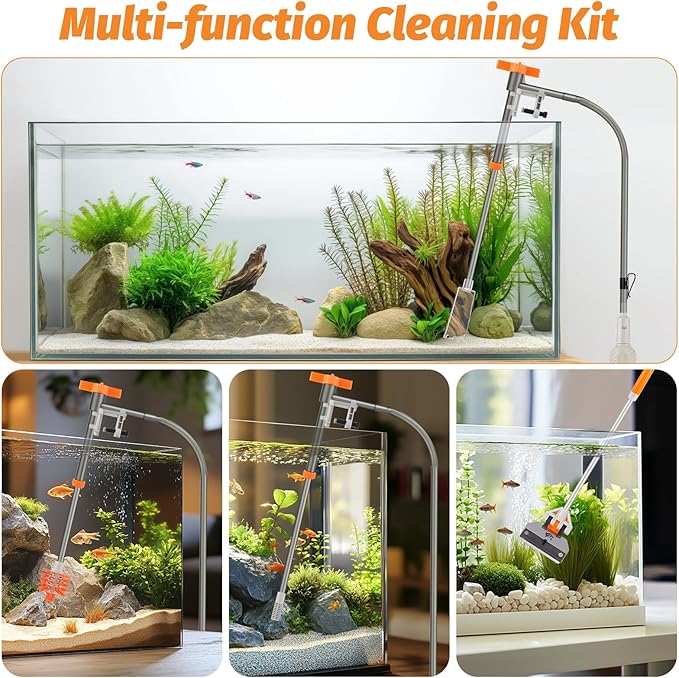 AQQA Aquarium Siphon Vacuum Cleaner Kit with 3 Replaceable Heads, Extra 2-in-1 Algae Scraper Cleaning Brush, Manually Siphon Ball Water Changer, Extendable Length to 38.2In for Fish Tank Cleaning (M)