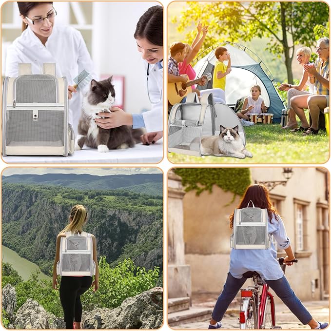 Cat Backpack Carrier, Large Pet Backpack with Kitten Wand Feather Toy for Medium Small Dog Cat Puppy Kitty Bunny up to 15lbs, Ventilated Mesh Dog Travel Carrier for Hiking Walking Outdoor Use (Beige)