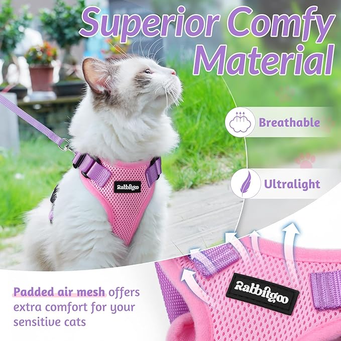 rabbitgoo Cat Harness and Leash for Walking, Escape Proof Soft Adjustable Vest Harnesses for Cats, Easy Control Breathable Reflective Strips Jacket, Pink & Purple, XXS