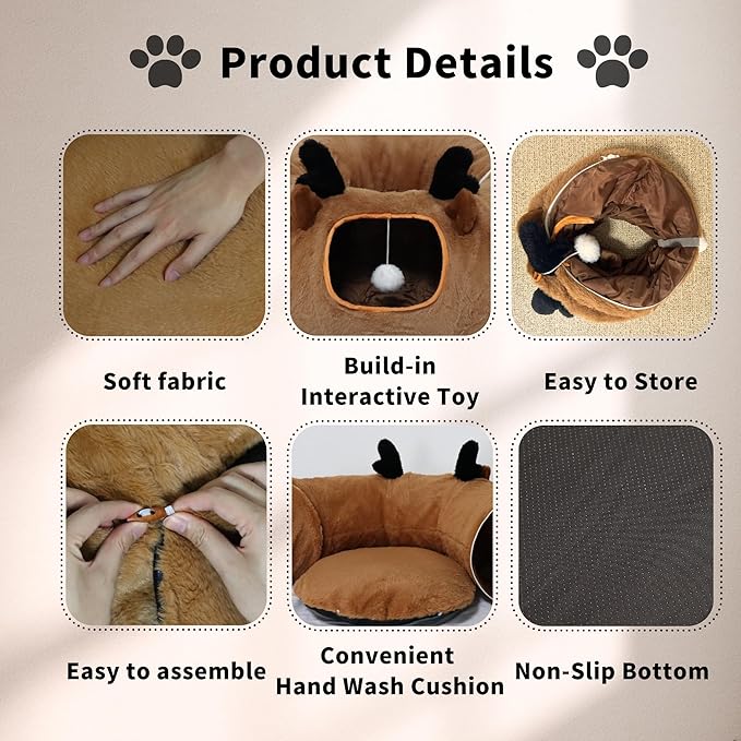 Cat Tunnel Bed for Indoor Cats with Washable Cushion Cat Cave Donut Tunnel with Fluffy Ball Big Round Tube Pet Playground Toys Soft Plush Peekaboo for Kitten, Cat, Puppy, Rabbit, Ferret(Deer)