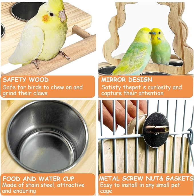 Tfwadmx Bird Parrot Wooden Feeding Cups Small Bird Feeding Dish Cups Stainless Steel Birds Bowls Food Water Bowls with Bird Food Holder for Cockatiel Parakeet Macaw Finches Lovebirds