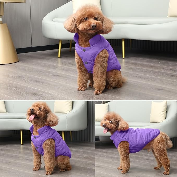 2 Layers Fleece Lined Warm Dog Jacket for Puppy Winter Cold Weather,Soft Windproof Small Dog Coat,Purple M