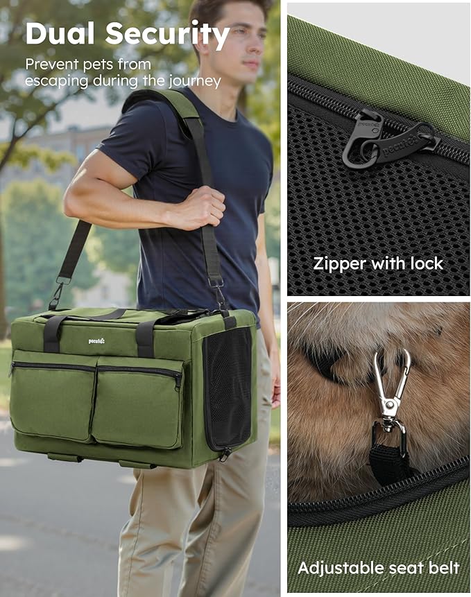 Pecute Cat Carrier with Wheels,Steel Wire Frame Cat Carrier, Stable Pet Trolley for Cats, Pet Handbag and Stroller Bag, Portable Cat Bag for Travel Bus Subway, Green