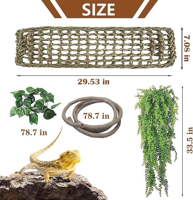 kathson Bearded Dragon Large Hammock,Lizard Lounger 29.53x7.08inches Natural Seagrass Fibers Pet Recliner Flexible Vine Decoration for Gecko Chameleon Snakes (4 PCS)