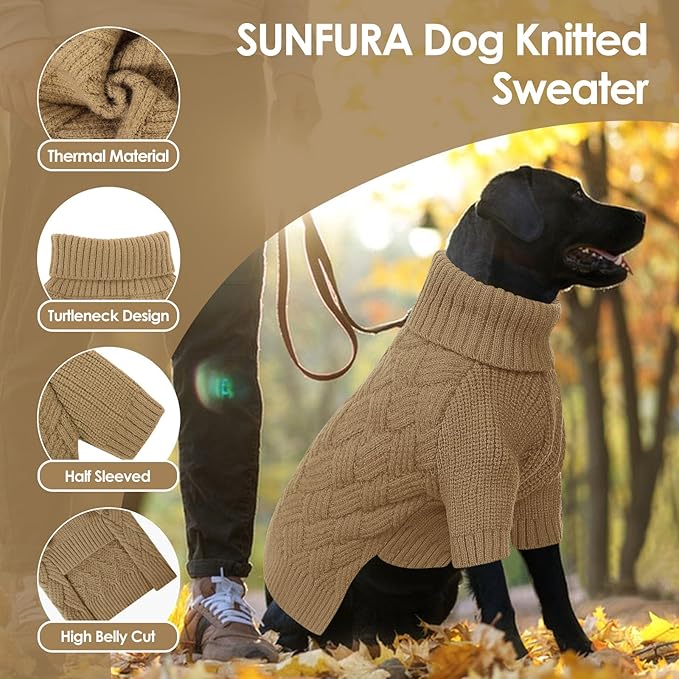 SUNFURA Dog Sweater, Christmas Sweaters for Large Dogs, Solid Color Dog Pullover for Fall Winter, Warm Sweatshirt Knit Turtleneck for Corgi, French Bulldog, Camel L