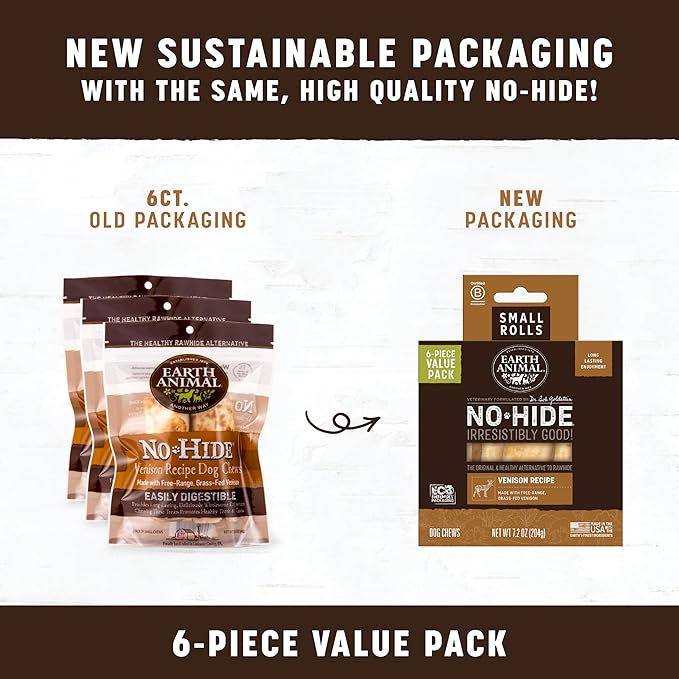 Earth Animal No Hide Small Long Lasting Dog Chew Rolls, Venison - 6 Count
