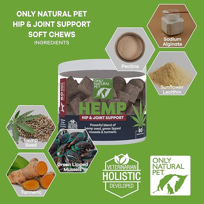 Only Natural Pet Hemp Hip & Joint Support for Dogs - Supplement for Mobility Wellness Pain Relief Healthy Inflammatory & Bone Stiffness - Chews w/Fatty Acid Blend Mussels & Turmeric - 60 Count (H/J)