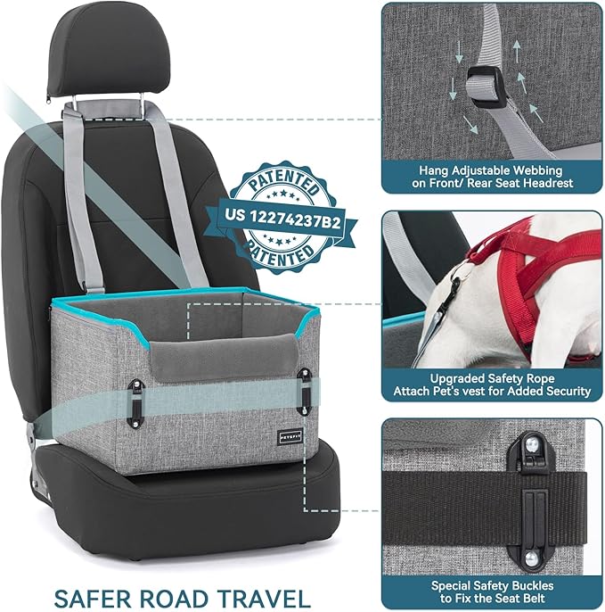 PETSFIT Dog Car Seats for Small Dogs, Patent Safety Buckles Dog Booster Car Seat, Dog Carseat with Safety Belt, Suitable for Small Pets Up to 25lbs (Grey)