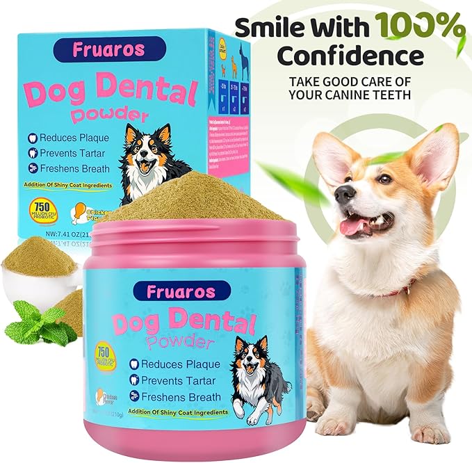 Dog Dental Powder, Dog Teeth Cleaning Powder with Plaque & Tartar Remover, Fresh Breath Support, Whitening & Coat Health Enhancer, Dental Care for All Size Dogs (210g)