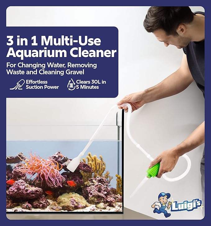Luigi's Fish Tank Cleaner - Gravel Pump Vacuum for Aquarium - Hand Siphon Hose to Remove and Change Water or Sand in Minutes - Fish Aquarium Accessories, Supplies & Cleaning Tools