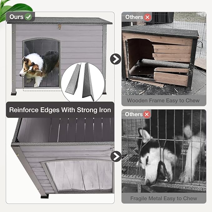 Dog House Outdoor Insulated Dog House for Small Medium Large Dogs, Natural Wood with Iron Frame, Waterproof Roof Raised Feet
