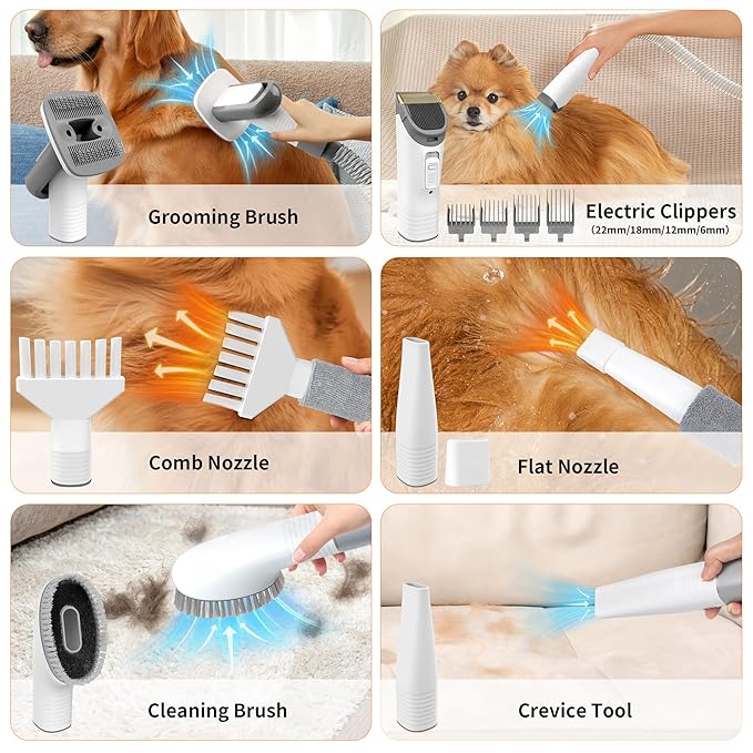 Dog Grooming Vacuum & Hair Dryer Dog Blower for Shedding Grooming, 6 in 1 Pet Grooming Vacuum for Dogs Cats at Home with Pet Clippers and 4 Combs, 9 Adjustable Speed and Temperature Control