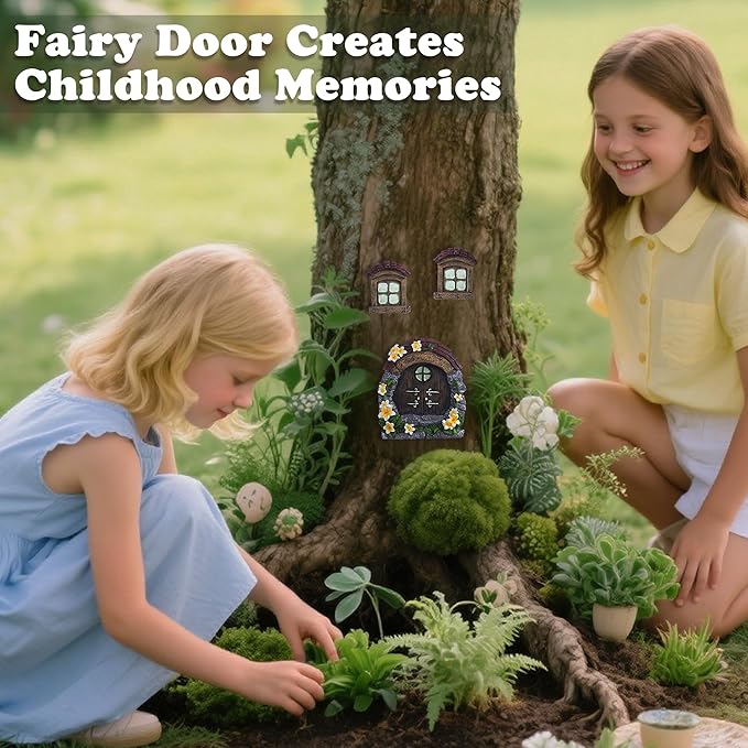 Attivolife Fairy Door and Window for Tree Glow in The Dark - Outdoor Miniature Fairy Garden Decor Weatherproof Resin Treehouse Yard Art Accessories Sculpture for Tree Trunks Fairy House Kit for Gnome