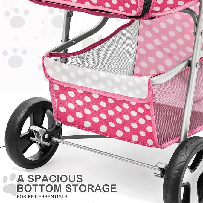 MoNiBloom 3 Wheels Pet Dog Cat Stroller for Small Medium Dogs Cats, Foldable Jogger Stroller w/Storage Basket and Cup Holder, Hot Pink Polka Dots