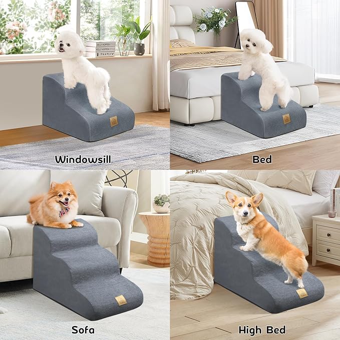 Mestuel Dog Stairs for Small Dogs, Dog Steps Ramp for Sofa Bed Couch, 3 Tiers Pet Ladder with High Density Foam &Non Slip Bottom, Holds up to 60 lbs, Gray