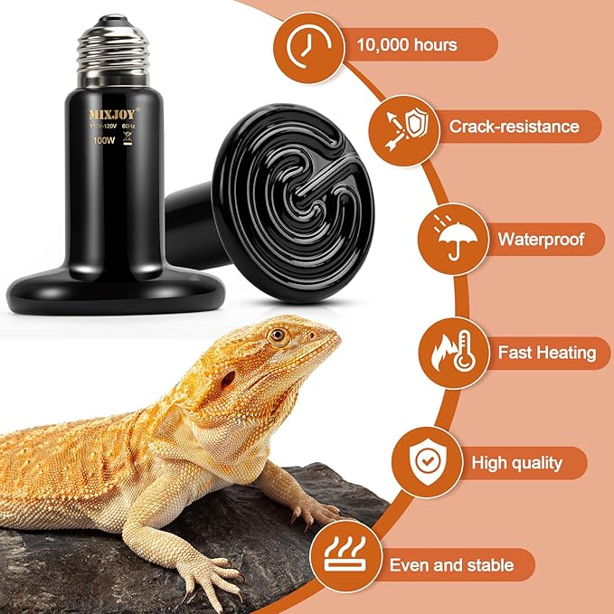 MIXJOY 100W Reptile Heat Lamp 2Pack Ceramic Heat Emitters Reptile Heat Lamp Bulbs, No Light Emitting Ceramic Heat Bulbs for Amphibian Terrarium Reptile Gecko Lizard Bearded Dragon Turtle Chicken Snake